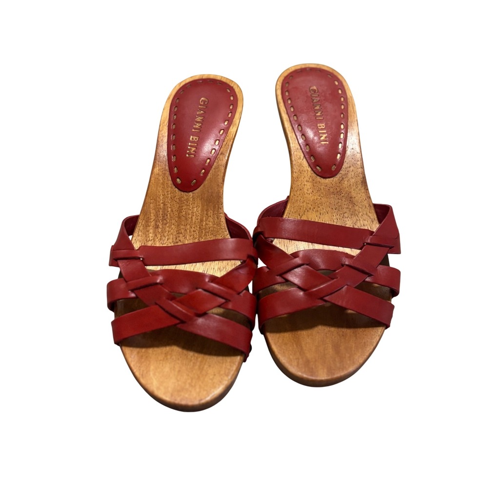 Gianni Bini Red Leather Braided Wooden Kitten Heel‎ Slide Sandals Mules 6.5M